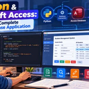 Python Access Database application showing Python code, database tables, GUI controls and CRUD operations