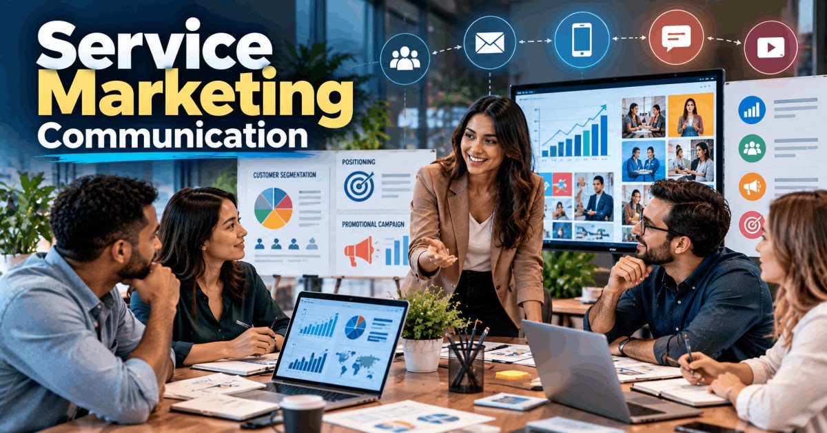 Service marketing communication team planning media channels, customer engagement and promotional strategies.