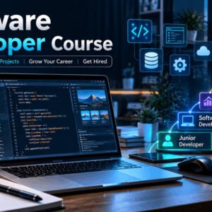 Software Developer Course showing coding, career planning and developer job success concepts on a modern workspace.