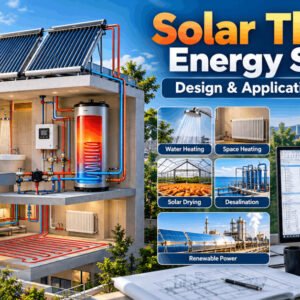 Solar Thermal Systems with rooftop collectors, hot water storage and building heating components in a sustainable design