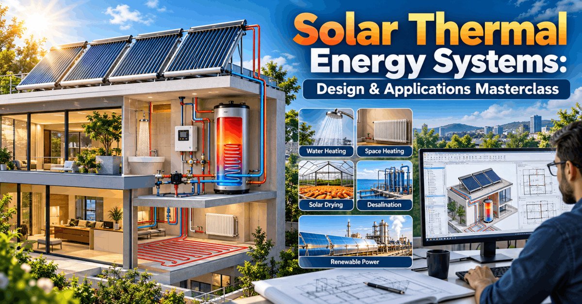 Solar Thermal Systems with rooftop collectors, hot water storage and building heating components in a sustainable design