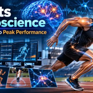Athlete with brain and neural network graphics illustrating Sports Neuroscience and motor performance.