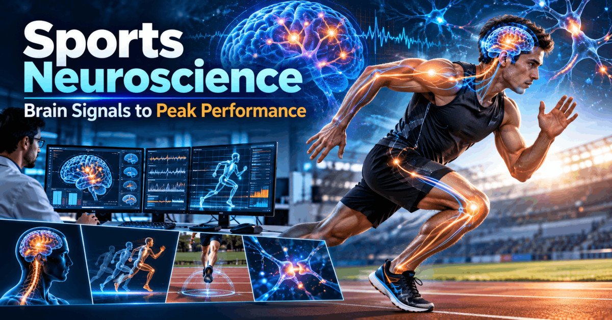 Athlete with brain and neural network graphics illustrating Sports Neuroscience and motor performance.