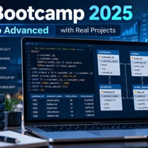 SQL Bootcamp course covering MySQL, queries, joins, database design, advanced SQL features and practical projects