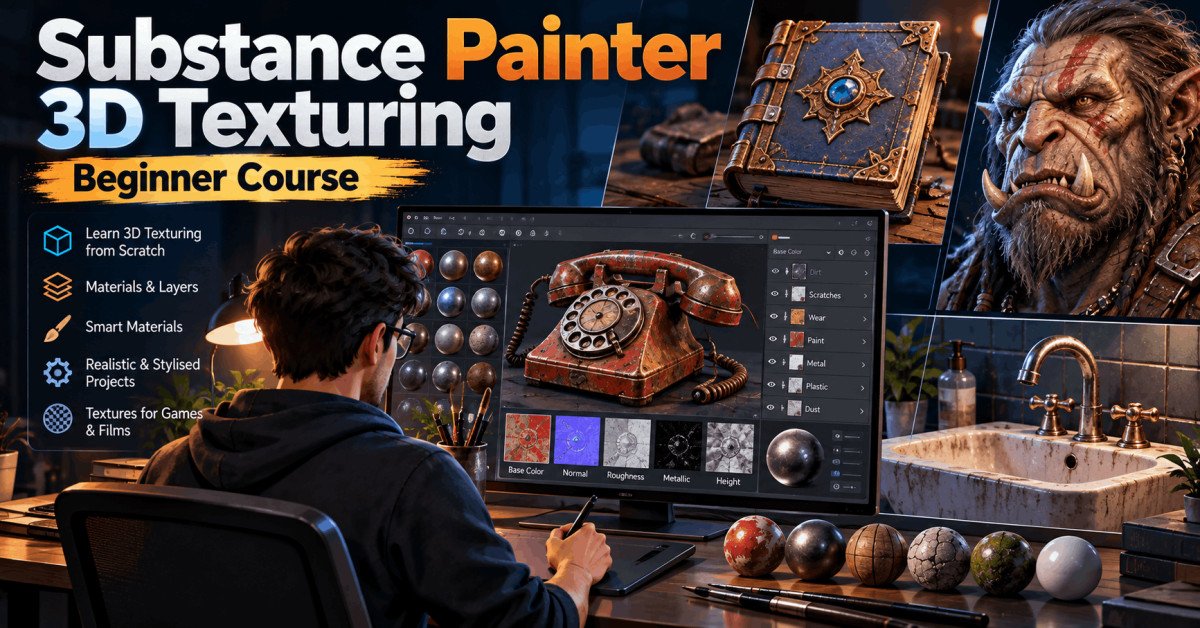 Substance Painter Course showing realistic and hand-painted 3D asset texturing, materials and rendering