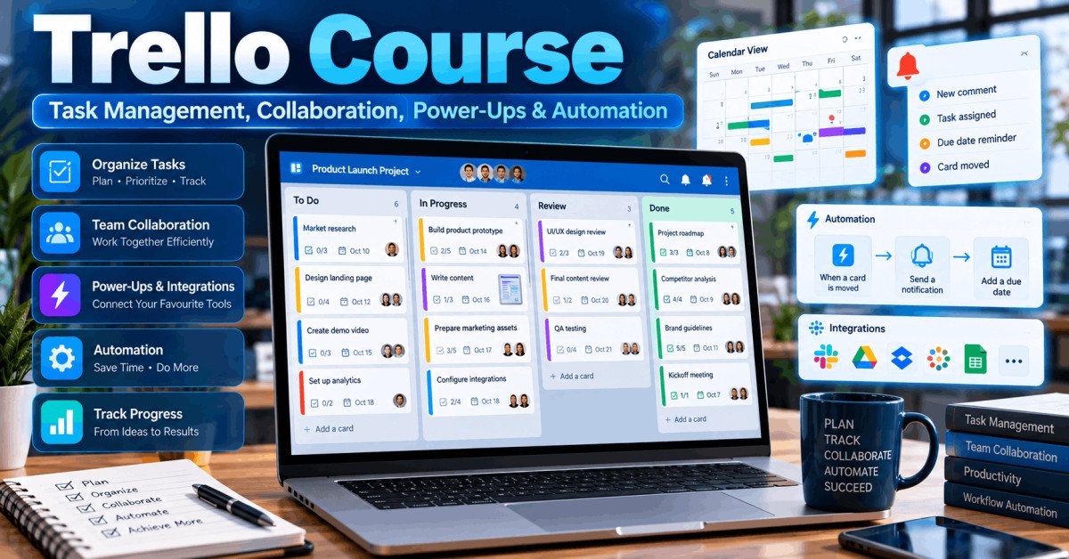 Trello Course workspace showing task boards, cards, deadlines, team collaboration and automated workflows
