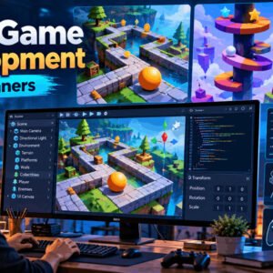 Unity game development workspace showing colourful 2D and 3D game projects, level design and gameplay elements