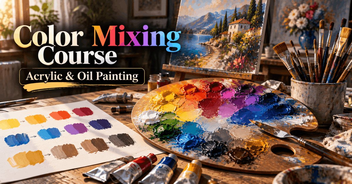 Color Mixing Course showing an artist palette with acrylic and oil paints mixed into purples, reds and neutral tones