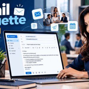Email Etiquette Course showing a professional writing a clear business email on a laptop in a modern office.