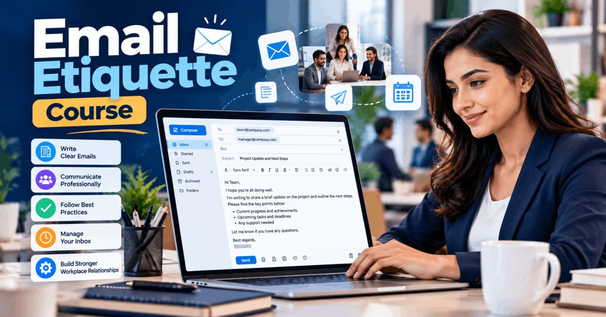 Email Etiquette Course showing a professional writing a clear business email on a laptop in a modern office.