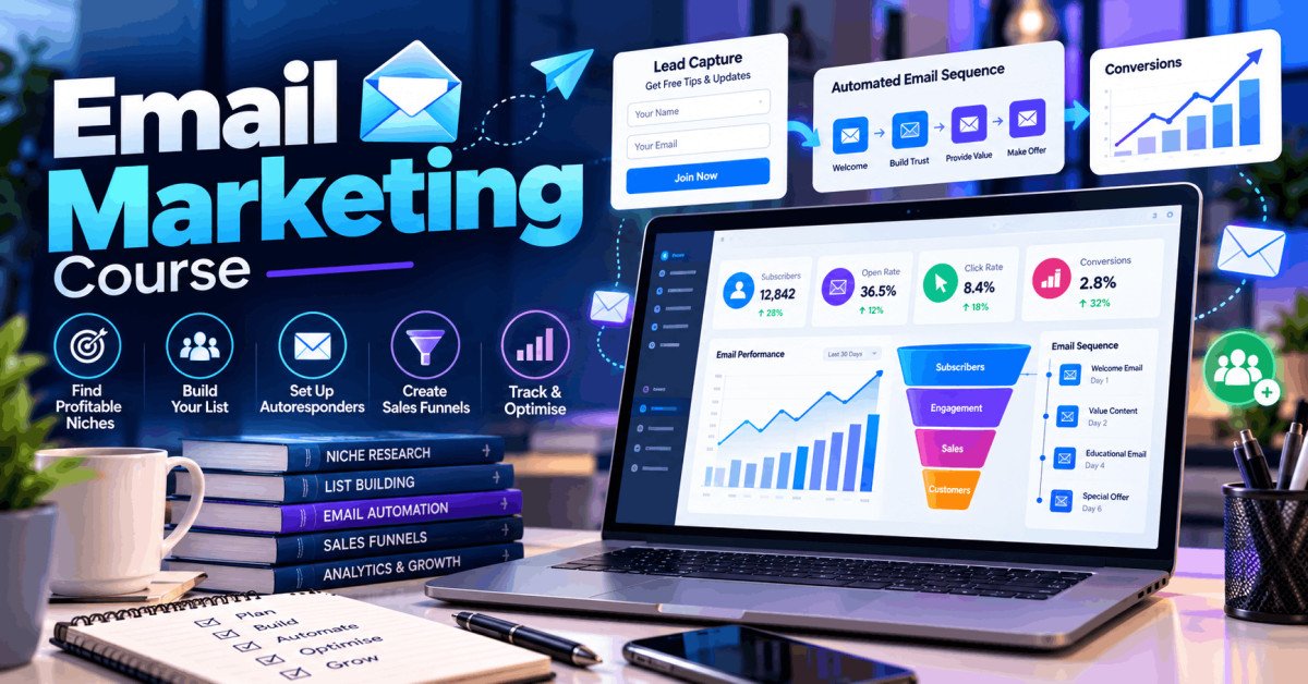 Email Marketing Course covering list building, lead capture, autoresponders, sales funnels and campaign analytics.