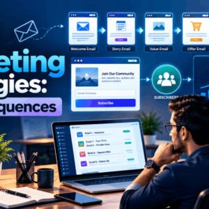 Email marketing strategies showing automated sequences, audience engagement, squeeze pages and sales growth analytics.