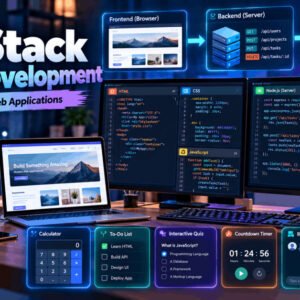 Full Stack Web Development workspace showing frontend code, server architecture, database and web application interfaces.