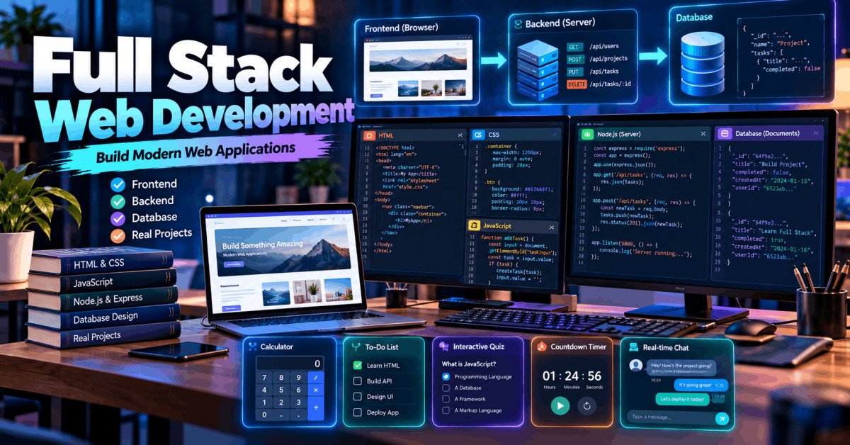 Full Stack Web Development workspace showing frontend code, server architecture, database and web application interfaces.