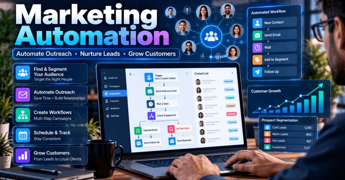 Marketing automation dashboard showing targeted connections, workflow actions and customer growth