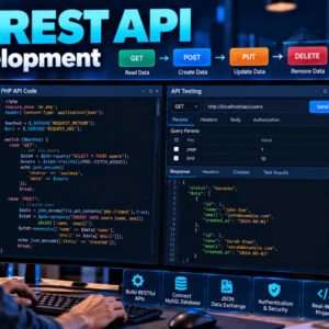 PHP REST API development workspace showing PHP code, MySQL database, JWT security and Postman API testing