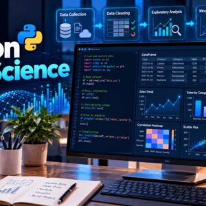 Python data science workspace showing Pandas analysis, datasets, charts and visualisations on a computer screen.