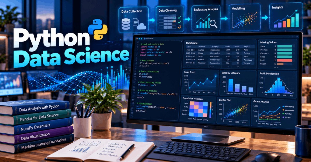 Python data science workspace showing Pandas analysis, datasets, charts and visualisations on a computer screen.