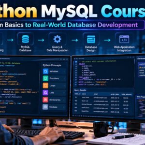 Python MySQL course workspace showing Python code, SQL queries, database tables and web development on computer screens.