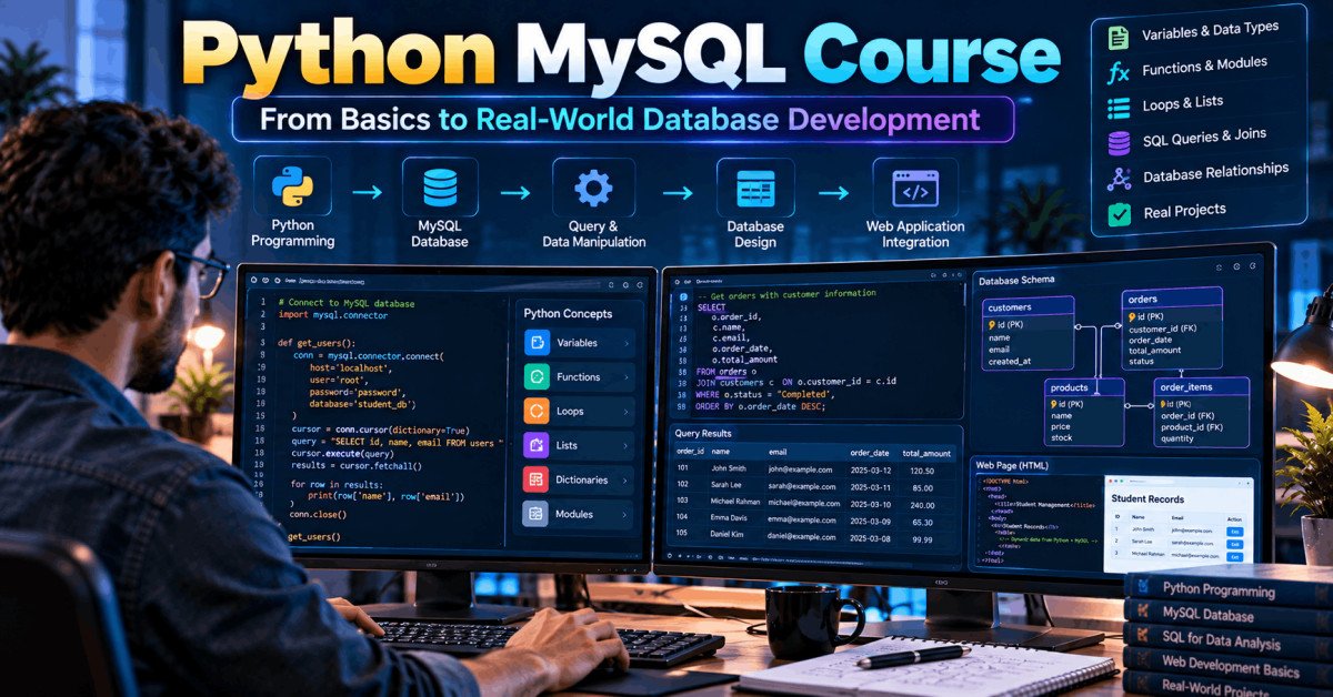 Python MySQL course workspace showing Python code, SQL queries, database tables and web development on computer screens.