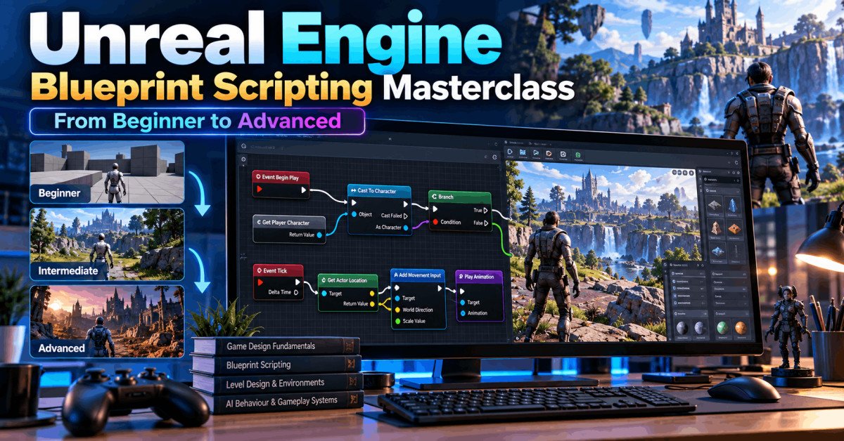 Visual scripting interface with connected nodes representing Unreal Engine Blueprints and game development.