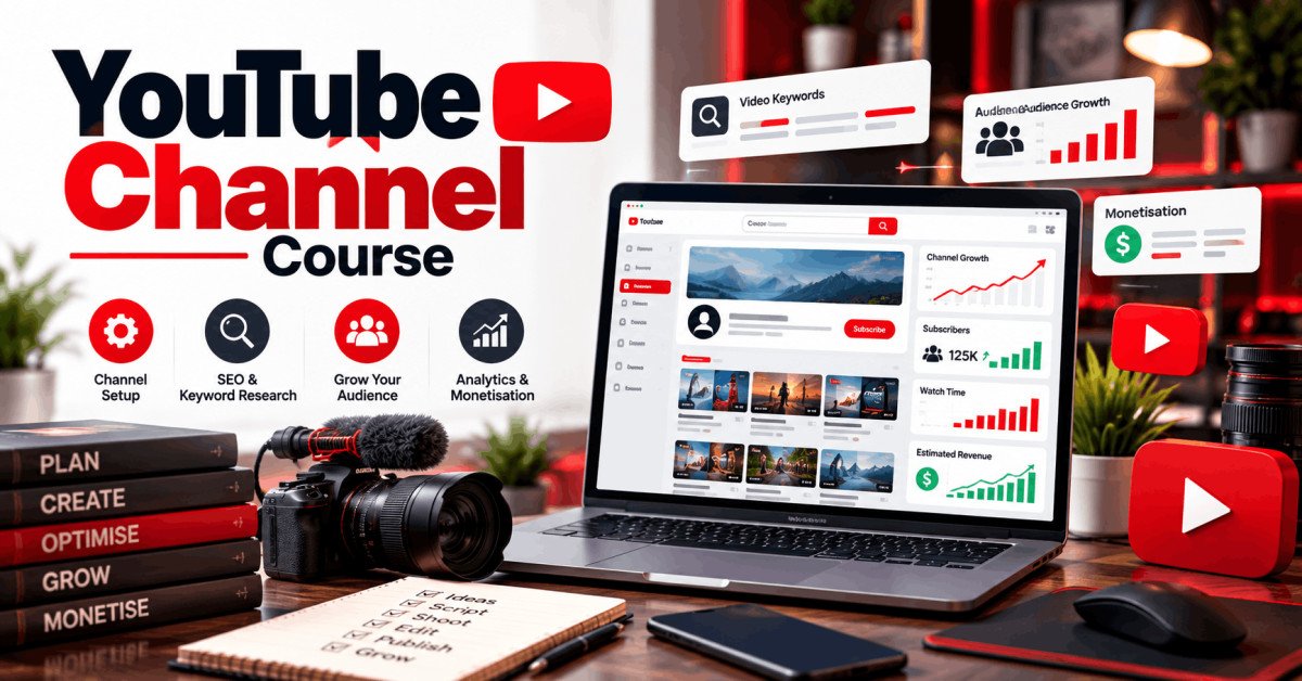 YouTube Channel Course covering channel setup, video SEO, audience growth, analytics and monetisation.