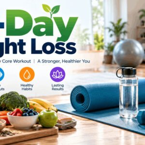 21-Day Weight Loss plan with healthy food, workout mat, water bottle and core exercise equipment