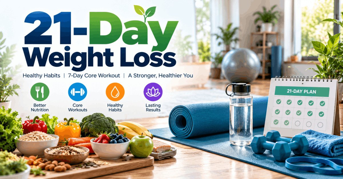 21-Day Weight Loss plan with healthy food, workout mat, water bottle and core exercise equipment