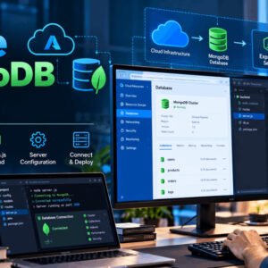 Azure MongoDB setup guide showing a developer configuring an Express server environment