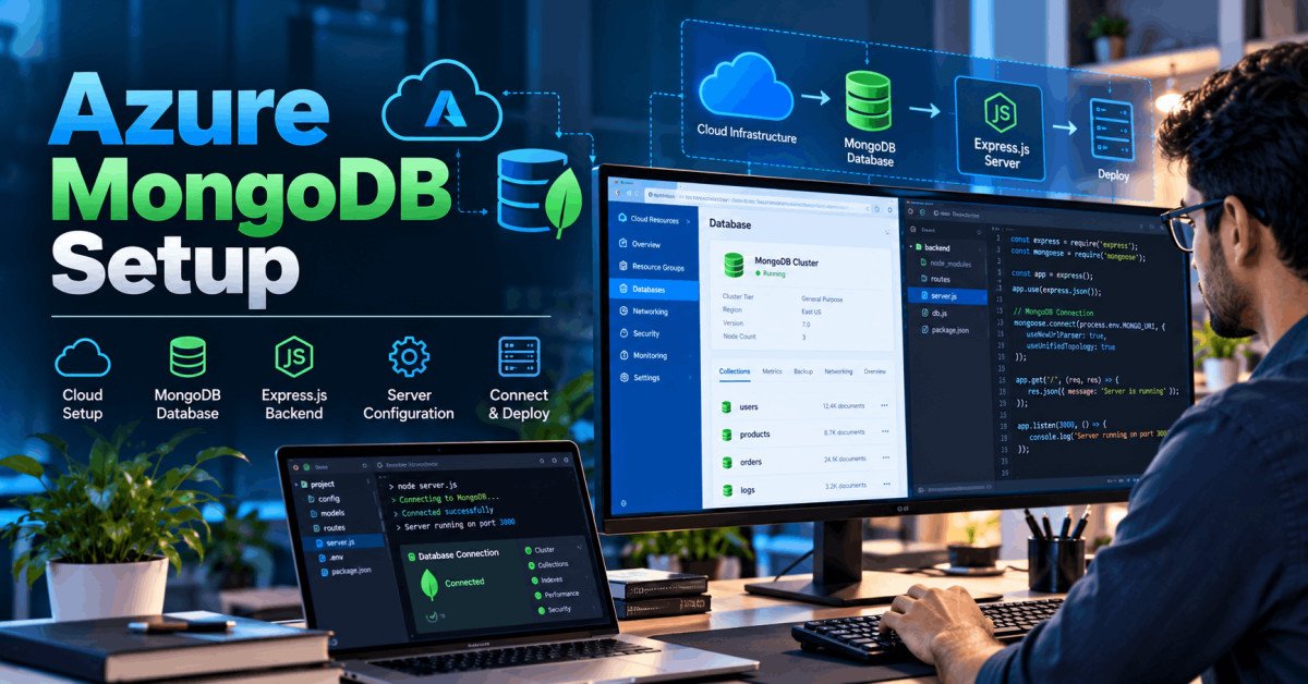 Azure MongoDB setup guide showing a developer configuring an Express server environment