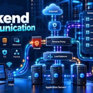 Backend communication architecture showing protocols, APIs, servers, sockets, and load balancing