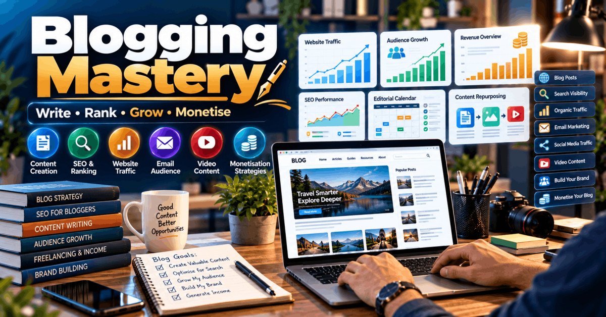 Blogging mastery course showing blog creation, SEO, analytics, audience growth and monetisation strategies.