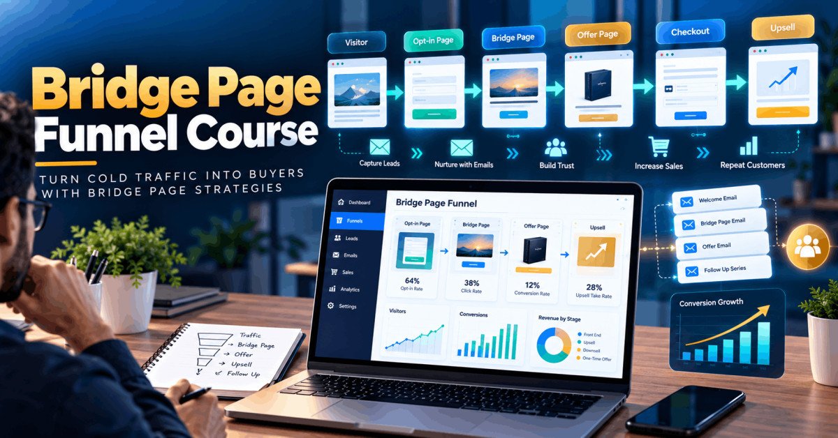 Bridge Page Funnel course showing lead capture, offers, email automation and sales conversions