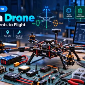 Build a drone project showing motors, propellers, flight controller, GPS, battery and open-source electronics