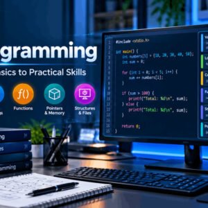 C Programming fundamentals with code, variables, arrays, functions, loops, and debugging