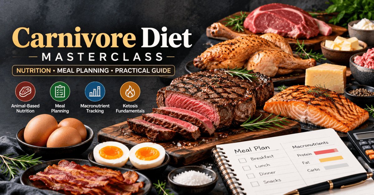 Carnivore Diet meal with meat, eggs and animal foods alongside a practical nutrition plan