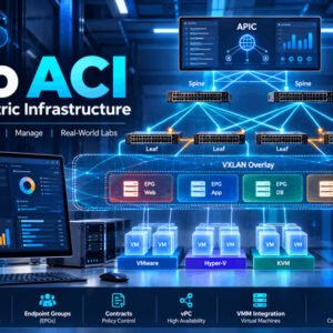 Cisco ACI training with APIC, VXLAN, EPGs, contracts, vPC, VMM integration, and data center networking labs