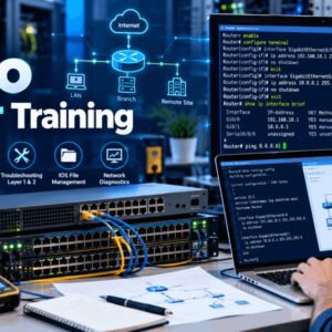 Cisco router training lab with network devices, interface configuration and troubleshooting screens