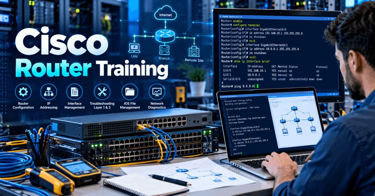 Cisco router training lab with network devices, interface configuration and troubleshooting screens