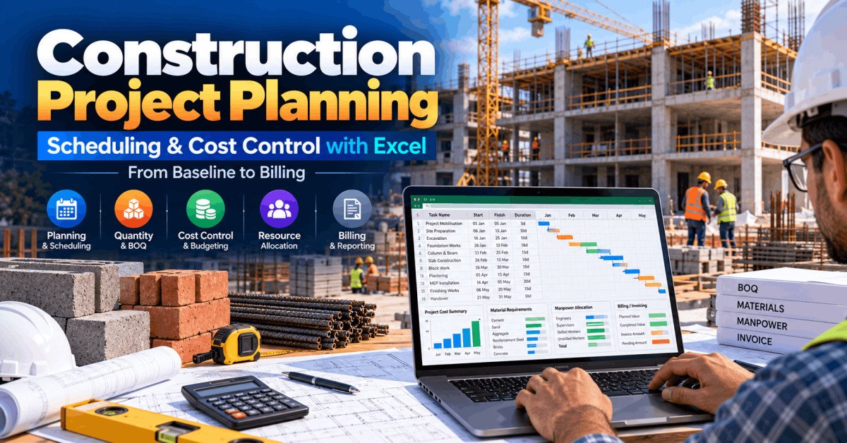 Construction project planning with Excel showing schedules, BOQ, quantities, costing and resource planning.