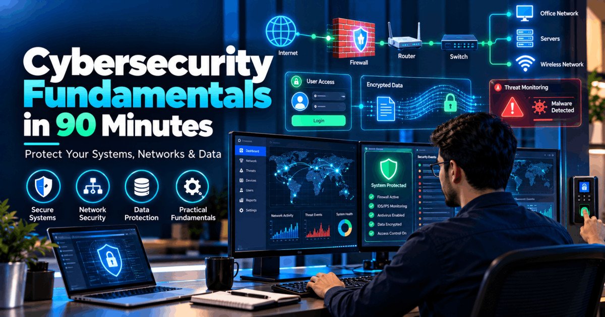 Cybersecurity fundamentals course showing network defence, firewalls, encryption, malware protection and secure access.