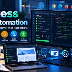 Cypress test automation course covering E2E, API, visual testing, CI/CD and Docker