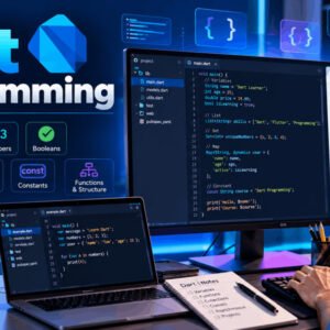 Dart programming course showing code editor, variables, data types and collections on a developer workspace