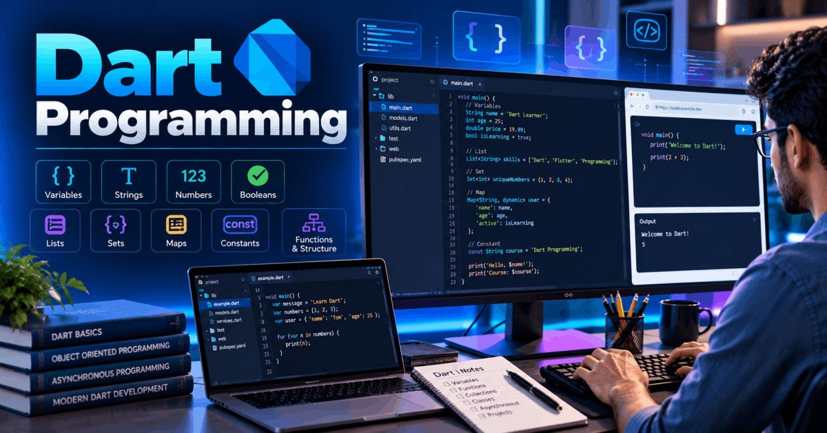 Dart programming course showing code editor, variables, data types and collections on a developer workspace