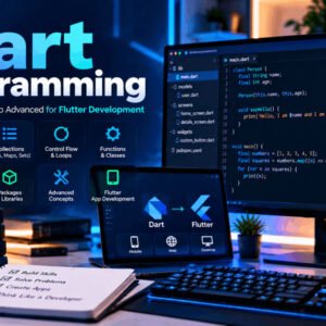 Dart programming course covering fundamentals, OOP, functions, loops, lists, maps, and Flutter development