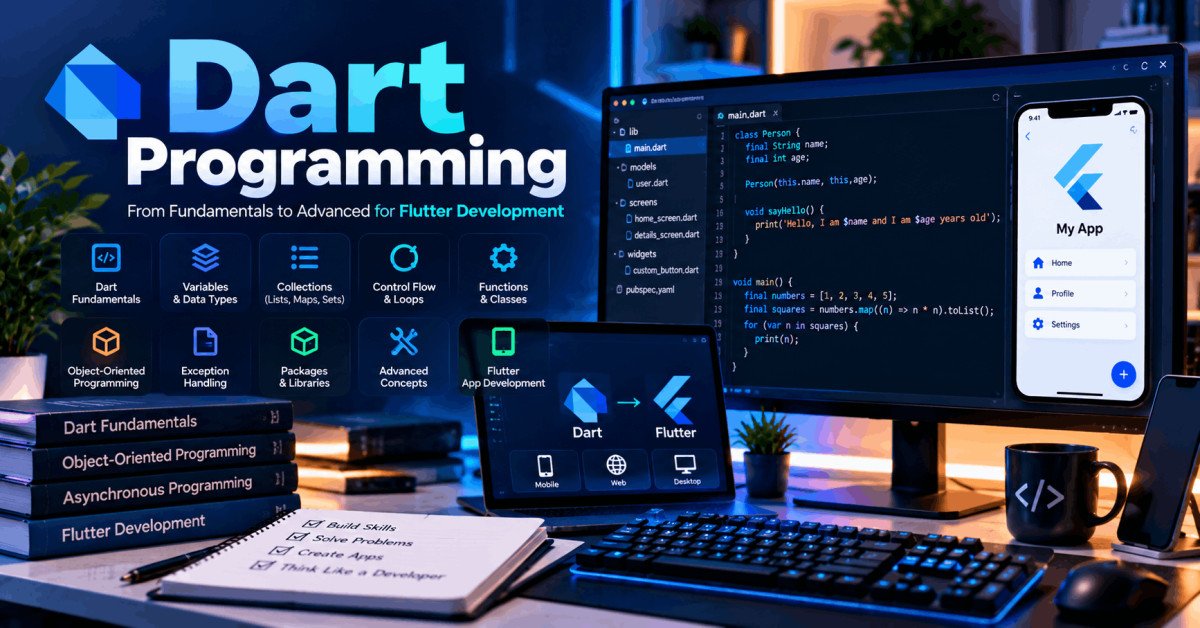 Dart programming course covering fundamentals, OOP, functions, loops, lists, maps, and Flutter development