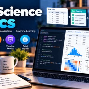 Data science basics course showing Python, analytics, charts and AI concepts for beginners.