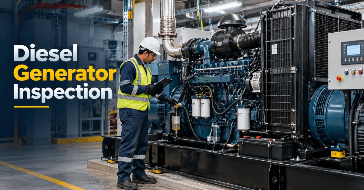 Diesel Generator Inspection showing a technician checking engine components, radiator, control panel and fluid systems