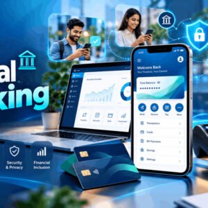 Digital banking course showing payment cards, ATM, POS terminal, mobile banking, online payments and security.