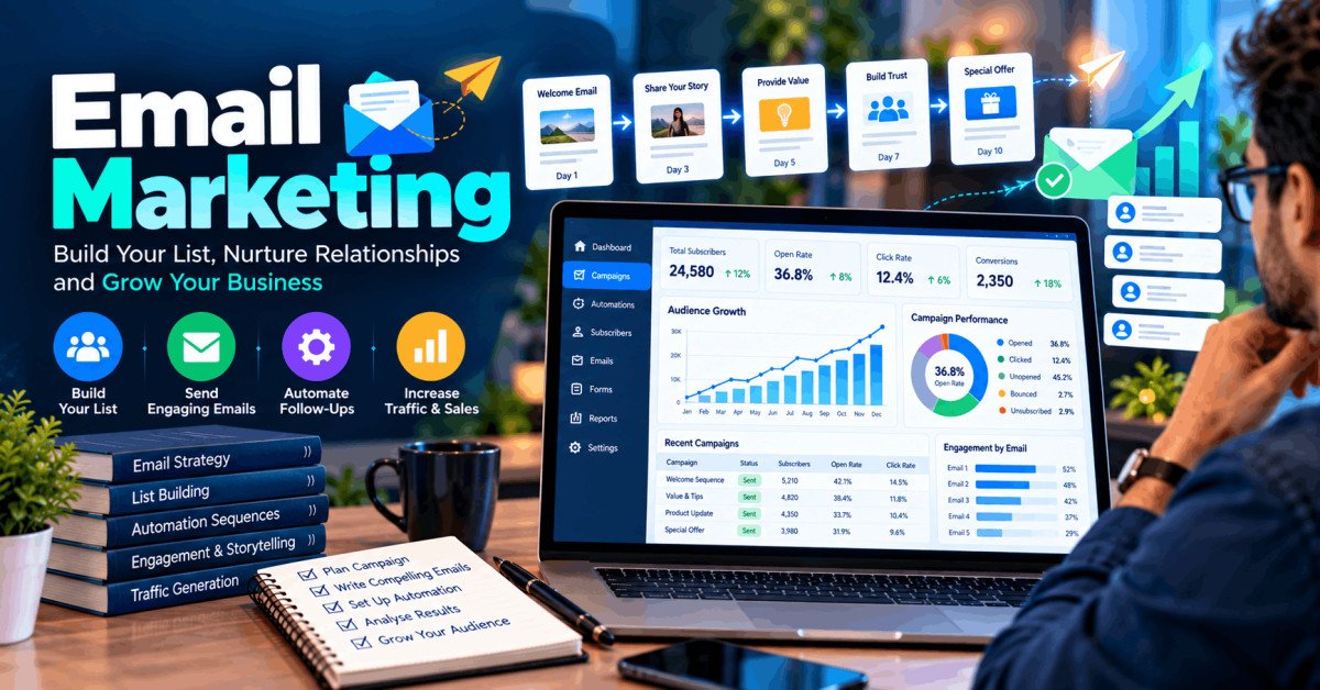 Email Marketing course showing autoresponder sequences, storytelling and audience engagement analytics